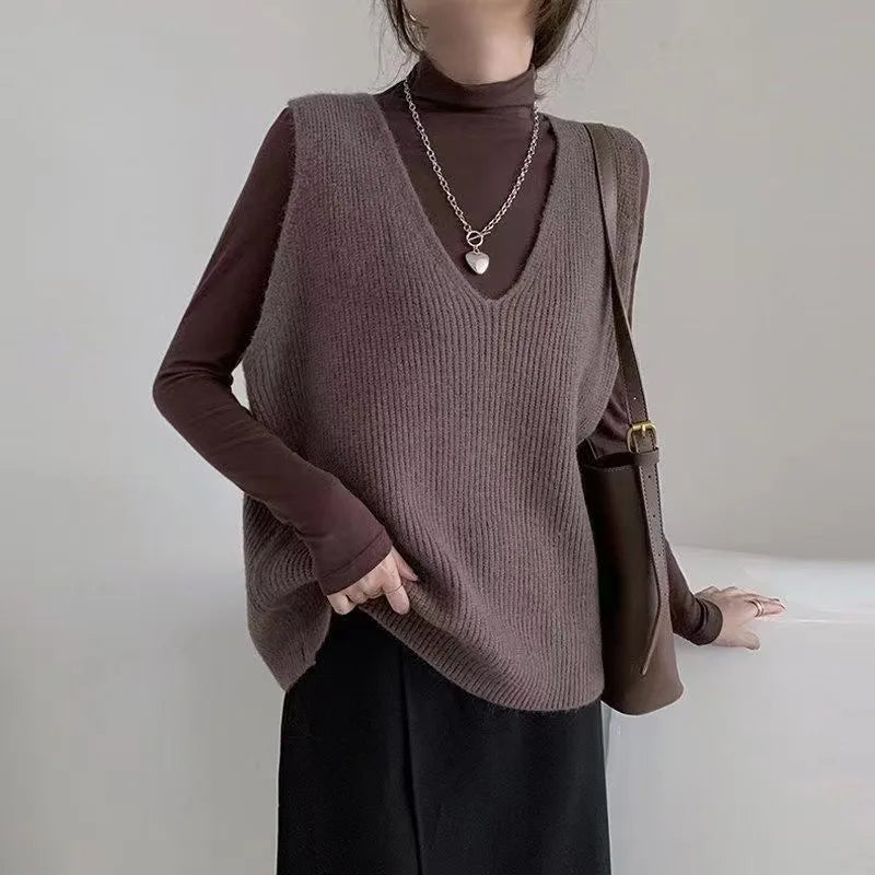 xsrrr New Korean Style Sleeveless Knitting V-neck Female Sweater Vest Loose Casual Office Ladies Autumn Women's Sweater Vest