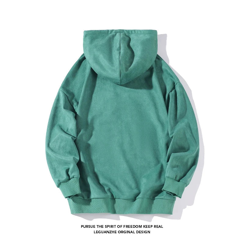 Men's Autumn Loose Hoodies American Retro Dark Green Men Women Suede Jacket Casual Oversize Sweatshirts Tide Hip Hop Hoody 5XL