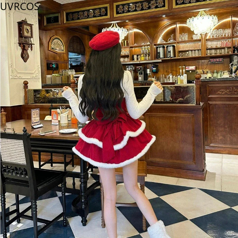 xsrrr NEW YEAR DRESS TO IMPRESS Japanese Kawaii Lolita Dress Sets Women Hooded Shawl Short Jackets Bow Mini Skirt Korean Style Sweet Red Christmas New Year Suit