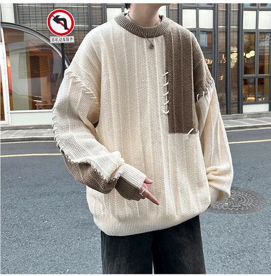 Fashion Autumn Winter Men's Oversize Loose Casual Jumpers Male Round Neck Sweater Tops Men Patchwork Knitted Tops S846