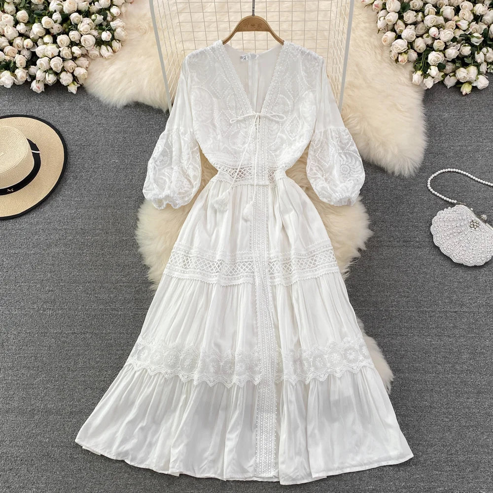 xsrrr DRESS TO IMPRESS Sweet Style Y2K Vestidos Summer New Women's Dress Lace Hollow Out Patchwork Solid Color High Waist Dresses