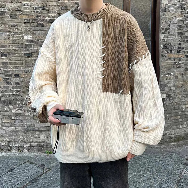 Fashion Autumn Winter Men's Oversize Loose Casual Jumpers Male Round Neck Sweater Tops Men Patchwork Knitted Tops S846