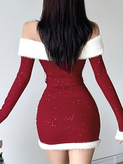 xsrrr Christmas Party Dress Slim Patchwork Fur Trim Bodycon Dress With Belt Casual Slash Neck Long Sleeve Mini Dresses Women