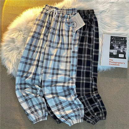 xsrrr Casual Pants for Women Korean New Fashion Loose Black Plaid Summer Harajuku Students Harem Long Pants Streetwear Trousers Chic