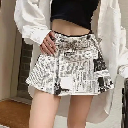 Hnewly Newspaper Short Skirt Printed Pleated High Waist Spicy Girl For Women Summer New Fashion Causal A-Line Short Skirt Women