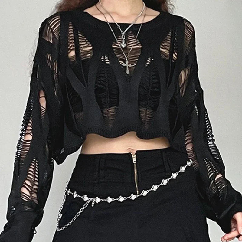 xsrrr Women Hole Hollow Out Y2K T-shirts Batwing Sleeve Knitted Shirt For Women Loose Streetwear Tops Spring Autumn 2024