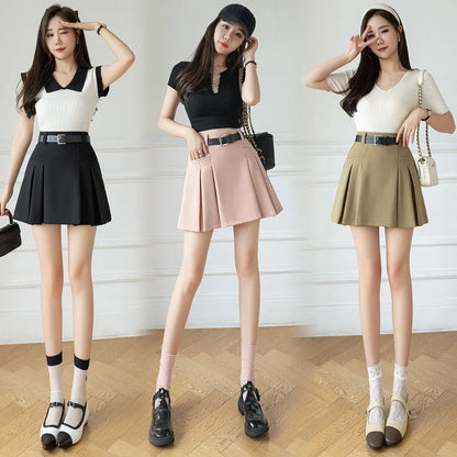 xsrrr Korean Cute High Waist A-line Pleated Mini Skirt Women 2024 New Spring Summer Fashion Suit Short Skirts Woman Casual Skirts