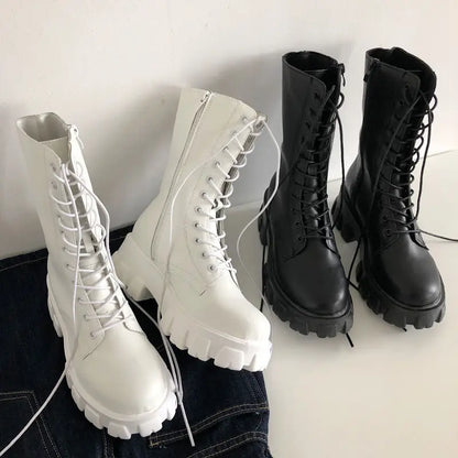 Hnewly New Mid Calf Boots Women Autumn Winter Fashion Lace-up Ladies Chelsea Zipper Botas Mujer Boots Sports Platform Heel Ladies Shoes