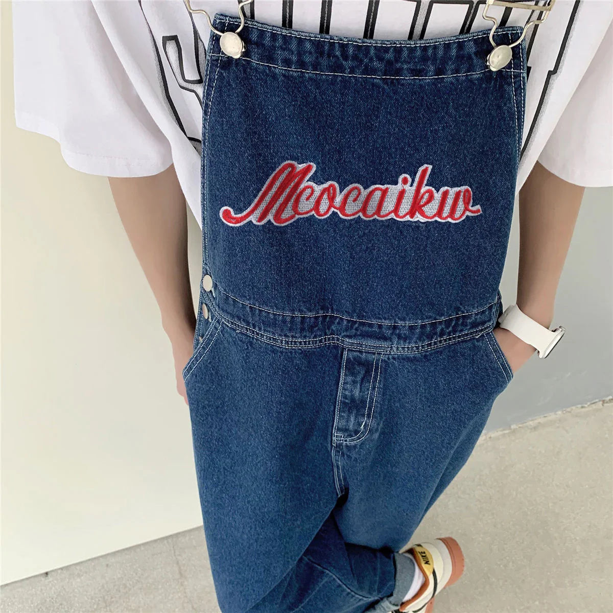 Loose Printed Letters Jeans Blue Overalls Men's Oversize Casual Hiphop Straight Wide-leg Pants Four Seasons Work Denim Trousers