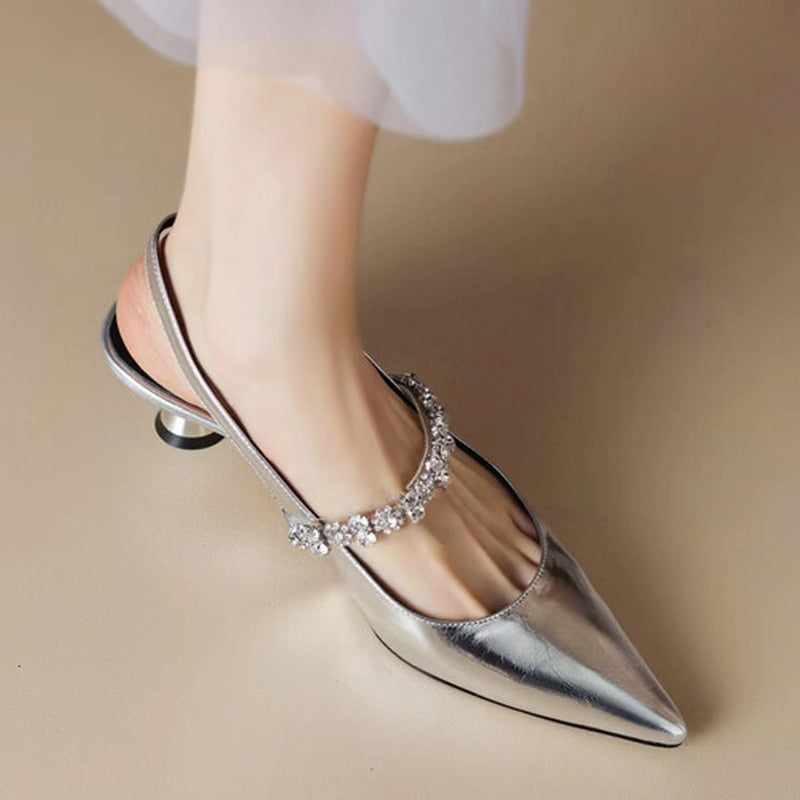 xsrrr Gold Silver Low Heels Sandals Women Summer Shiny Crystal Straps Pointed Toe Sandals Woman Slingbacks Pumps Ladies Shoes