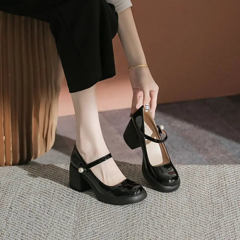 xsrrr Shoes for Woman with Medium Heels Gothic Women's Summer Footwear Japanese Style Lolita Pearl Round Toe Mary Jane Platform