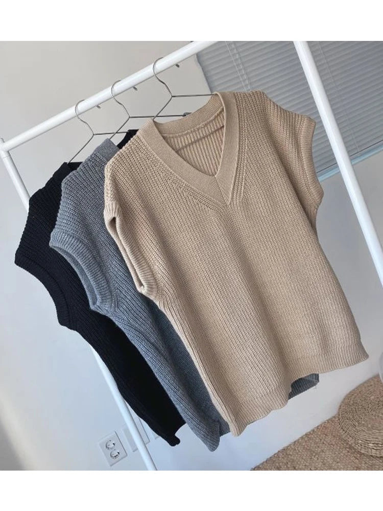 xsrrr Autumn Winter Vest Women Korean Style Knitted Sweaters Female Oversized Preppy Jumper Ladies Casual Loose Long Sleeve Pullovers