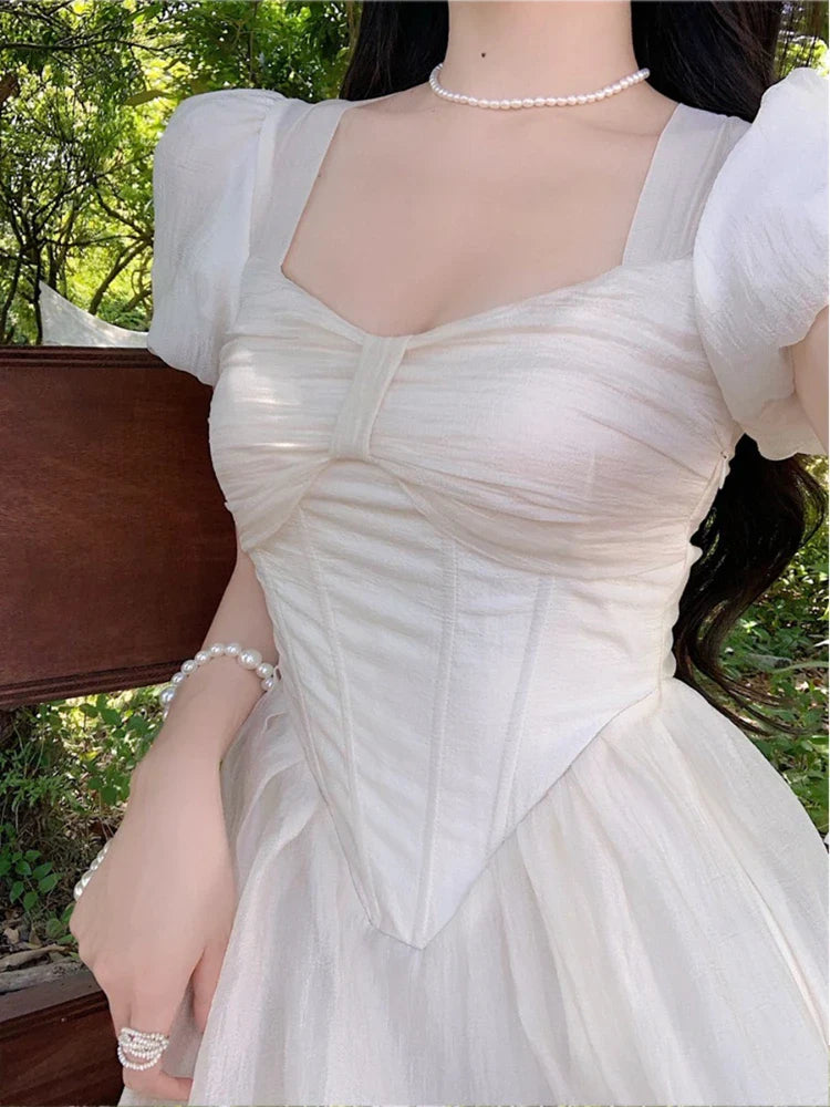 xsrrr DRESS TO IMPRESS Elegant Korean Fairy Dress Women White Sweet Puff Sleeve Casual Dress Female Court Vintage Party Midi Dress 2024 Summer Fashion