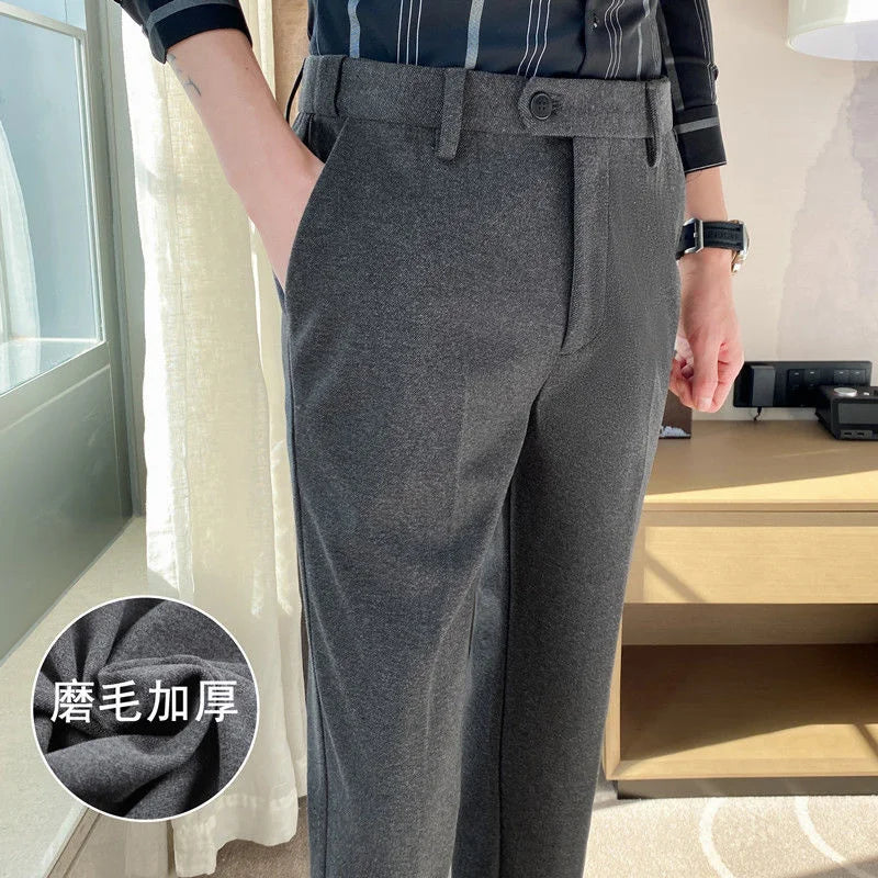 Thick Men's Suit Pants Autumn Winter Brushed Woolen Loose Slim Solid Youth Pants Trend Casual Business Pencil Trousers Oversized