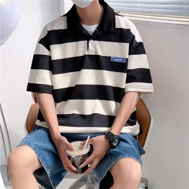 Contrast Color Striped Polo Shirt Summer All-match Fashion Trend Casual Polo T-shirt Loose Short-sleeved Lapel Men's Clothes Oversize