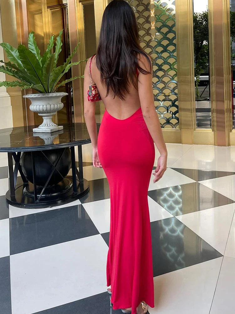 xsrrr 2024 Spring Solid Sleeveless Backless Elegant Sexy Bodycon Y2K Maxi Prom Dress Women Clothes Birthday Party Casual Y2K