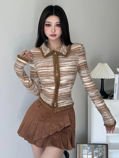 xsrrr Striped Knit Sweater Cardigan Y2K High Street Women Autumn Turn-down Collar Zipper Sweaters Coat Female Casual Korean