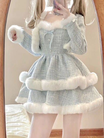 xsrrr Winter Kawaii Lolita 2 Piece Dress Set Sweet Short Coat Warm + Cute Fashion Y2k Mini Dress Party Japanese Style Suit Woman