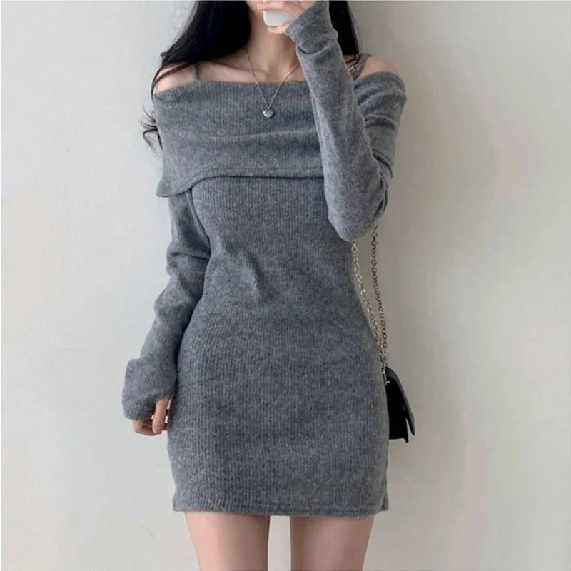 xsrrr FALL OUTFITS Y2K Women Knitted Mini Dress Korean Sexy Off Shoulder Female Dress Spring New Spaghetti Strap Long Sleeve Ladies Vestidos