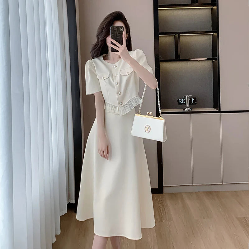 xsrrr French Vintage Solid Womens Midi Dress Short Sleeve O-neck Elegant Slim Summer Fashion Office Ladies Two Piece Set Clothing