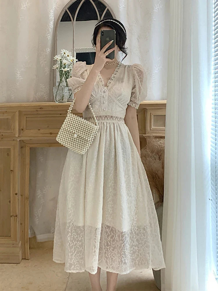 xsrrr Summer Elegant Lace Fairy Dresses Women Embroidery Mesh Sweet Party Long Dress Female Elegant Korean Lolita Princess Dress