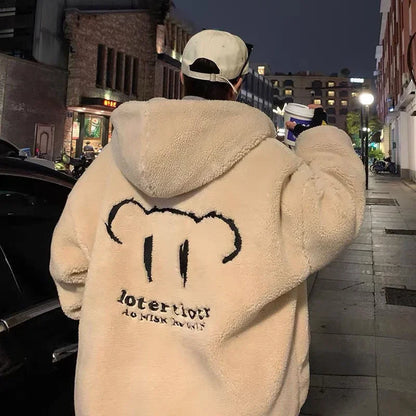 Men's Winter Jacket Oversized Hooded Coat Winter New Korean Fashion Preppy Style Loose Bear Embroidery Thickened Coat Jackets