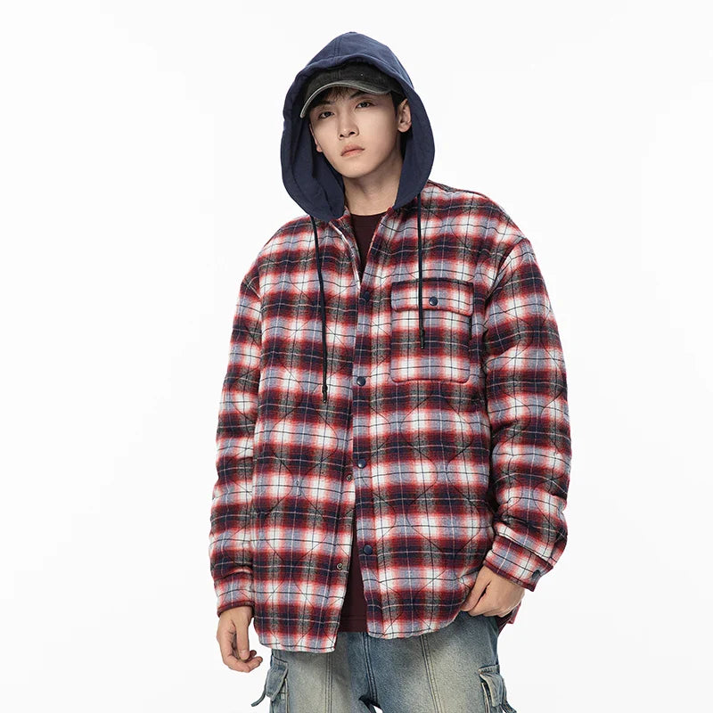 Winter Jacket Men Warm Fashion Thickened Plaid Jacket Men Oversized Streetwear Korean Loose Short Coa Mens Couple Thick Hooded Jackets