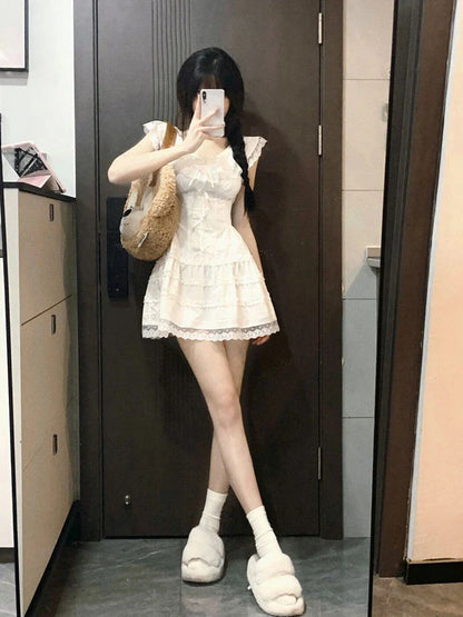 xsrrr Y2k Coquette White Lolita Sweet White Kwaii Cute Mini Dress Women Lace Bow Princess Slip Lace Short Dresses 2024 Fashion