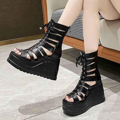 xsrrr Gothic Chunky Platform Sandals Women Summer Punk Wedge High Heels Gladiator Shoes Woman Hollow Out Thick Bottom Sandalias