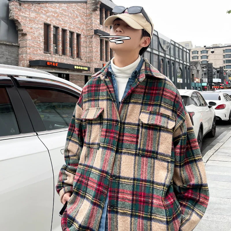 Thick Plaid Woolen Coat Men Warm Oversized Retro Thickened Woolen Jacket Mens Streetwear Korean Loose Short Woolen Coat Men