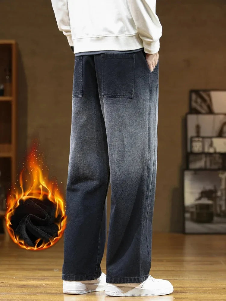 Winter Men's Oversized Jeans Thicken Velvet Warm Denim Pants Wide-Leg Straight Thermal Fleece Baggy Jean Trousers