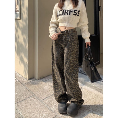 xsrrr Vintage Leopard Print Pantalon Femme Wide Leg Pants Women High Waist Straight Y2k Jeans Casual Fashion Korean  Jean Trousers