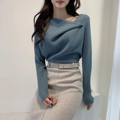 Hnewly FALL OUTFITS Female Tops Pulovers Clothes Warm Tees Plain Blue Women's T Shirts Spring and Autumn Tshirts New Arrivals Polyester Old Alt