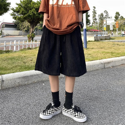 Brown Corduroy Shorts Oversized Baggy Five Point Trousers Summer Korean Fashion Wide Leg  Ins Hip Hop Bottoms Men