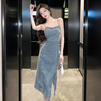 xsrrr New Retro 2024 Spring and Summer Strapless Denim Dress Fashionable Fashionable Women Sexy Thin Straps Slim Split Mid Skirt Tank