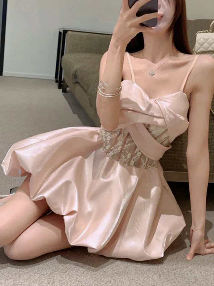 xsrrr French Fashion Princess Elegant One Piece Dress Women Summer New Pink Slim Mini Dress Female Y2k Vintage Sleeveless Dress 2024