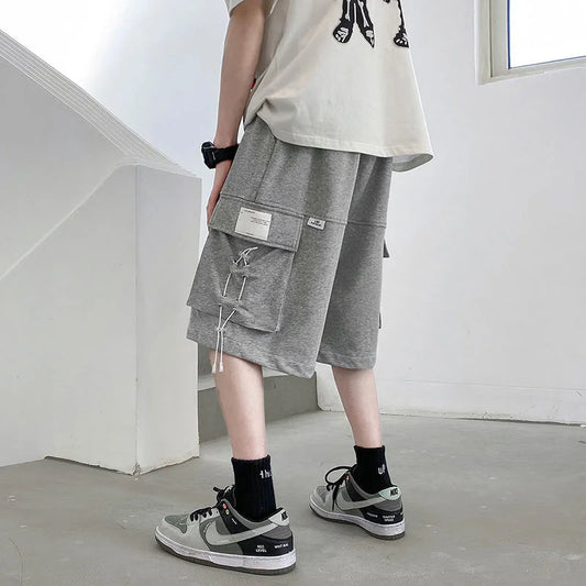 Solid Color Loose Shorts Summer Big Pocket Sports Straight Wide Leg Casual Pants Oversize Fashion Thin 5-points Sweatpants Men