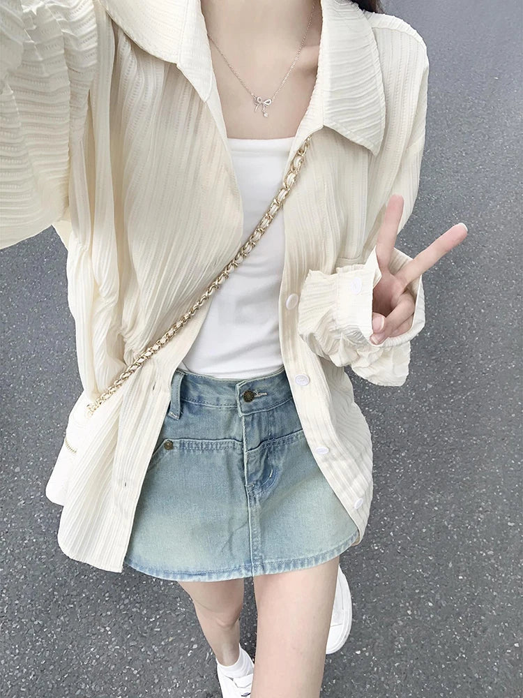 xsrrr Sweet Women Shirt Summer Thin Loose Long Sleeve Female Casual Blouse Korean Fashion New Cotton Linen All Match Ladies Tops