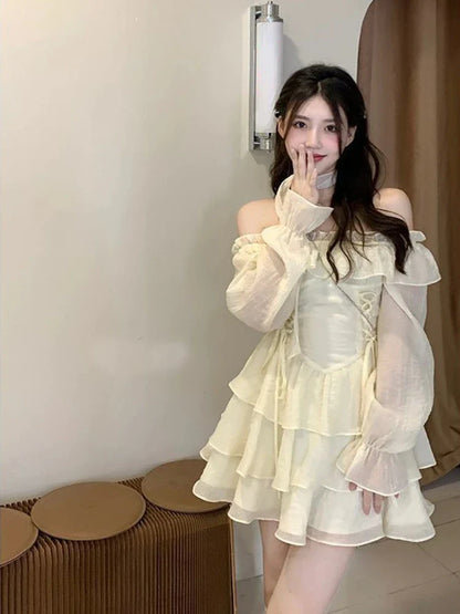 xsrrr Summer Elegant Ruffles Fairy Dress Women Casual Sweet Lolita Party Dress Long Sleeve One Piece Dress Korean Female Fashion