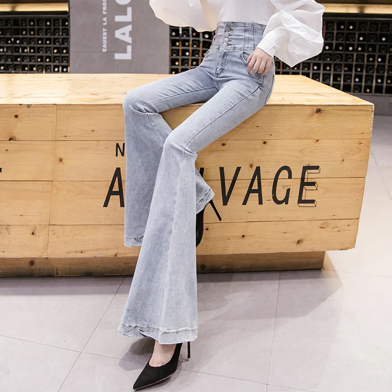 xsrrr Single Breasted High Waist Flare Jeans For Women Spring Autumn High Street Slim Boot Cut Denim Pants Ladies Fishtail Jeans