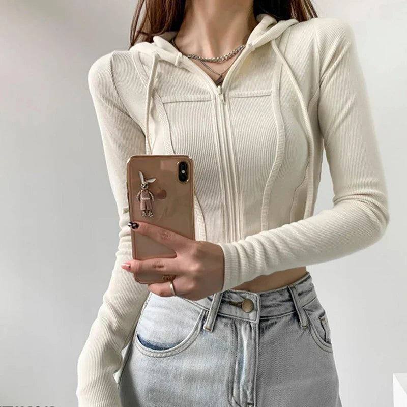 xsrrr Thin Hooded Cardigan Women Korean Vintage Slim Summer Solid Sports Jacket Vertical Pit Stripe Zipper Female Sexy Cropped Tops