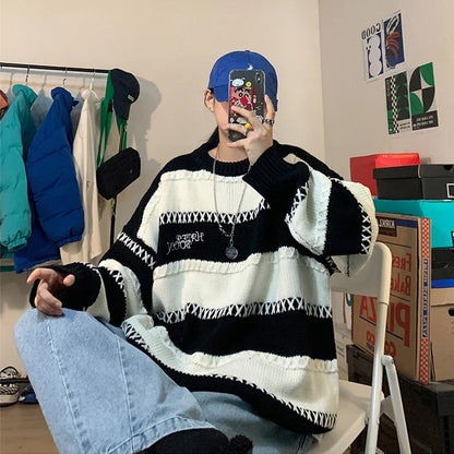 Patchwork Striped Men's Knitted Sweater Blue Pullovers Punk Black Sweaters Male Oversize Korean Streetwear Hip Hop