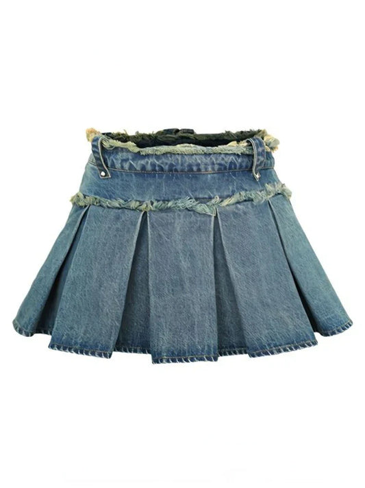 xsrrr Streetwear Pleated Skirt Denim Women Sexy Y2k Mini Skirt Summer Chic High Waist Korean Fashion Slim Aesthetic Harajuku