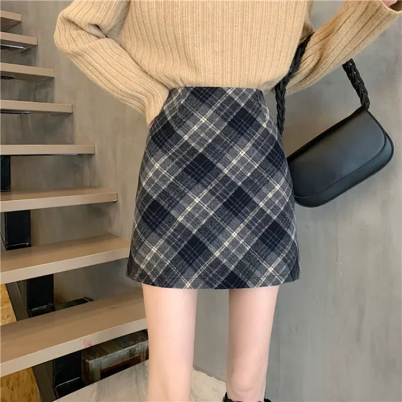 xsrrr Skirts Women Woolen Tender Fashion High Waist Retro Plaid Elegant A-line Casual Ladies Minimalist All-match Autumn Korean Style