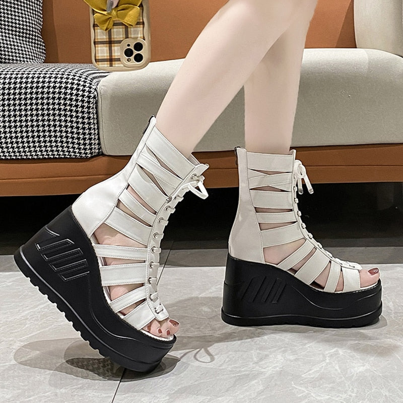 xsrrr Gothic Chunky Platform Sandals Women Summer Punk Wedge High Heels Gladiator Shoes Woman Hollow Out Thick Bottom Sandalias