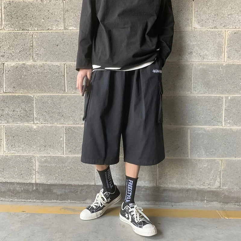 Casual Cargo Pants Men Calf-length Letter Oversize All-match Baggy Wide Leg Trousers High Street Hip Hop Trendy Harajuku Chic