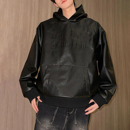 American Casual Oversize Hoodie Mens Spring Autumn Trendy Motorcycle Leather Jacket Loose Comfort Simple Solid Hooded Sweatshirt