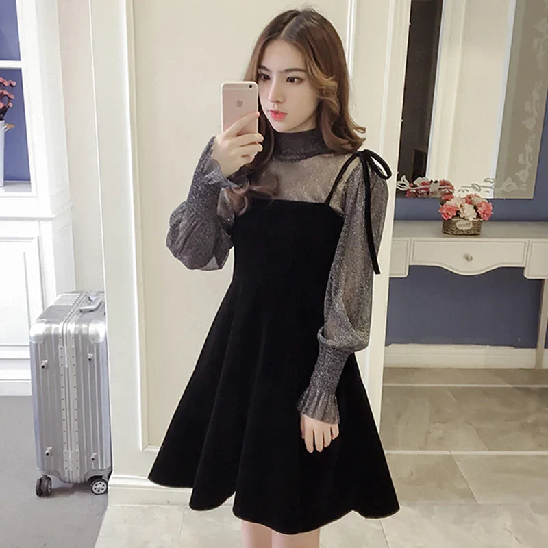 xsrrr Spring New Elegant Two Piece Dress for Women Women Winter Korean A-Line O-Neck Tops and Black Sundress Streetwear Dress Vestidos