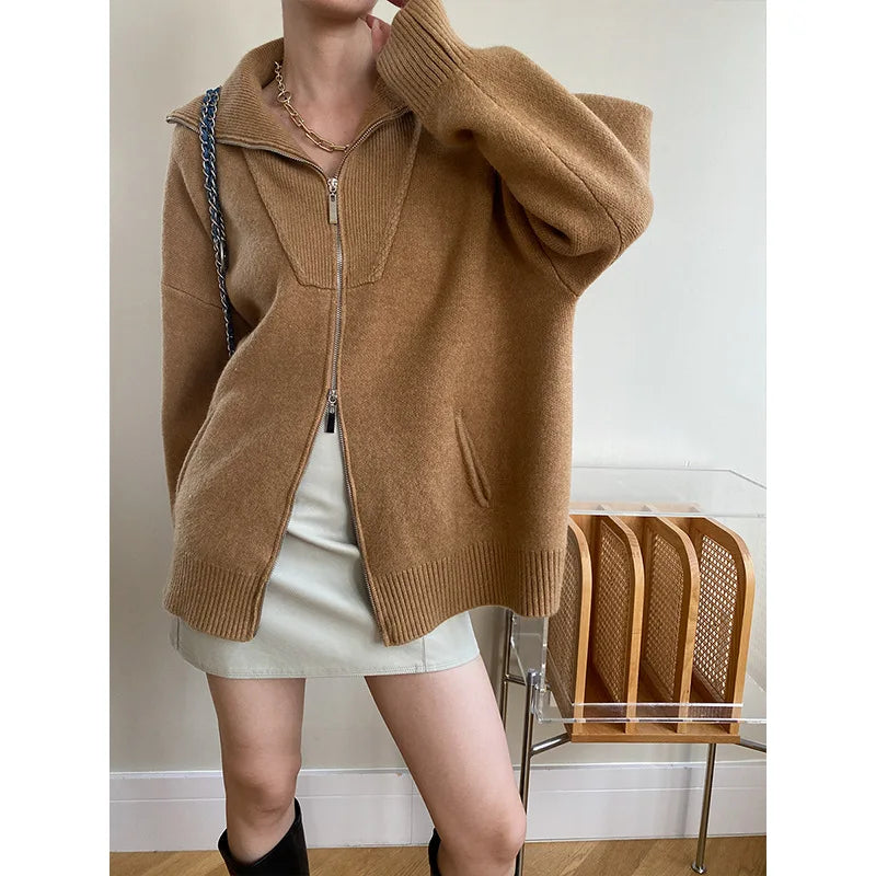 xsrrr Women Autumn Knitted Turn Down Collar Cardigans Zip Design Long Sleeve Women Sweater Cardigans Coat