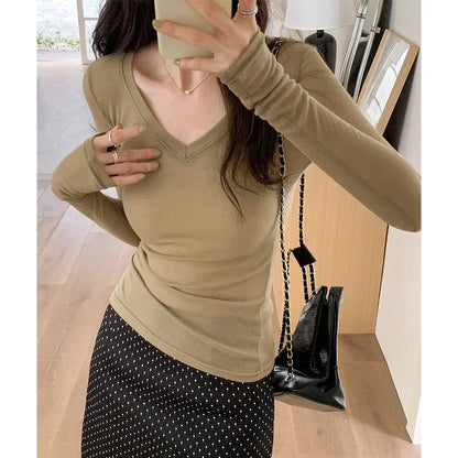 xsrrr V-neck Thin Style 2024 Women's Long Sleeved T-shirt Tops Bottoming Autumn Casual Shirts Self Cultivation New Korean